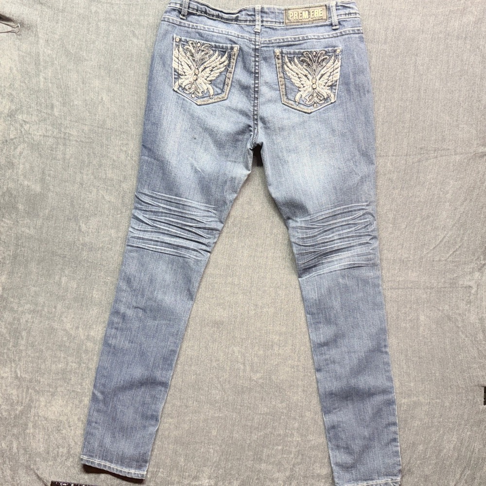 Premiere Skinny Jeans Women 11/12L Blue Denim Low Rise Wing Rhinestone Whiskered